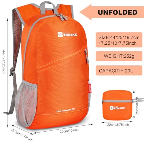 ZOMAKE 20L Lightweight Packable Backpack - Orange&Navy Blue