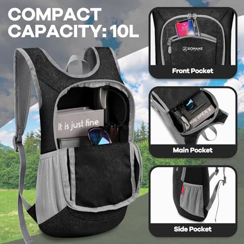ZOMAKE Lightweight Packable Backpack - 10L Daypack (Black&Grey) (image 3)