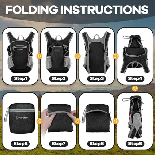 ZOMAKE Lightweight Packable Backpack - 10L Daypack (Black&Grey) (image 5)