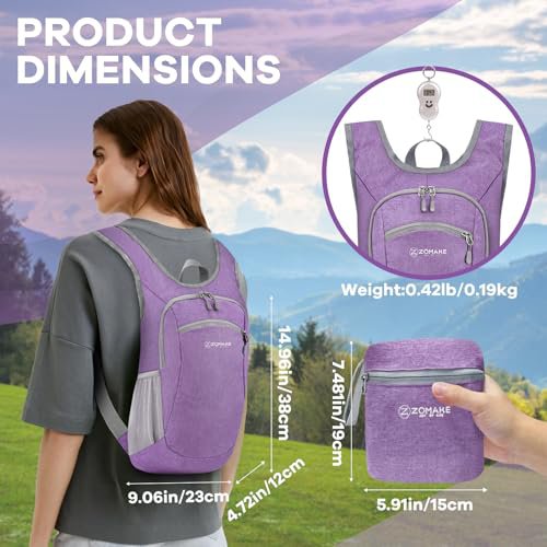 ZOMAKE Lightweight Packable Backpack - 10L Water-Resistant Daypack (Light Purple&Pink)