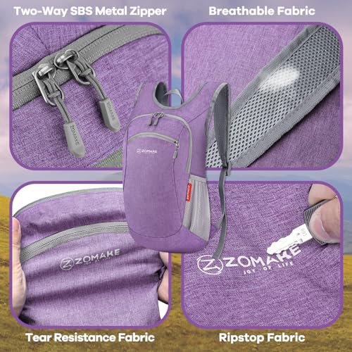 ZOMAKE Lightweight Packable Backpack - 10L Water-Resistant Daypack (Light Purple&Pink) (image 5)