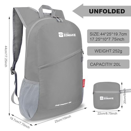 ZOMAKE Packable Backpack 10/20L - Silver Grey&Light Purple