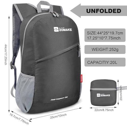 ZOMAKE Packable Lightweight Daypack - Water-Resistant Hiking Backpack